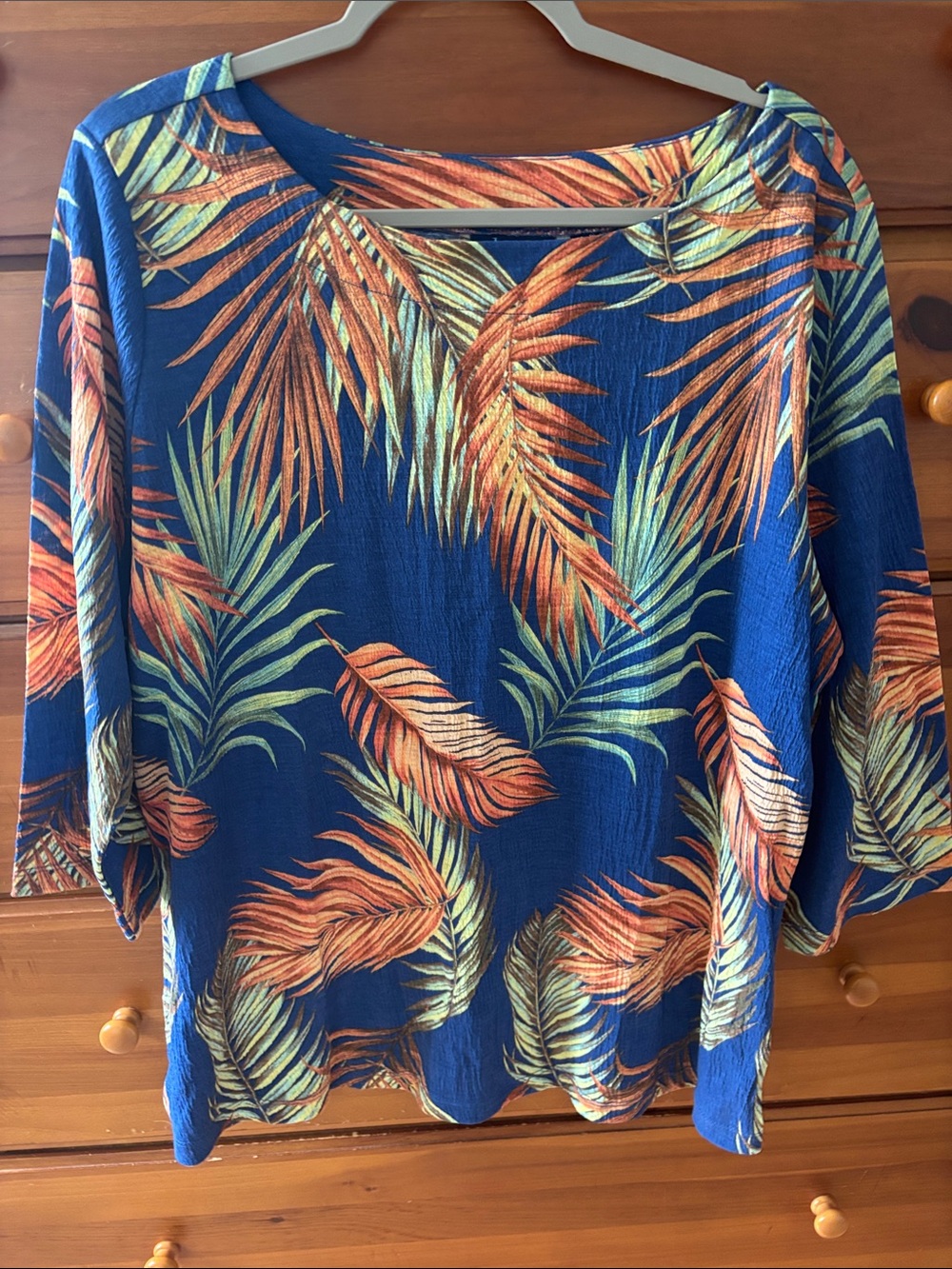 Tropical Leaf Print Blue Blouse